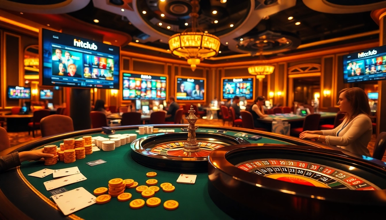 A lively gambling scene featuring the hitclub web interface, poker chips, and illuminated casino elements.