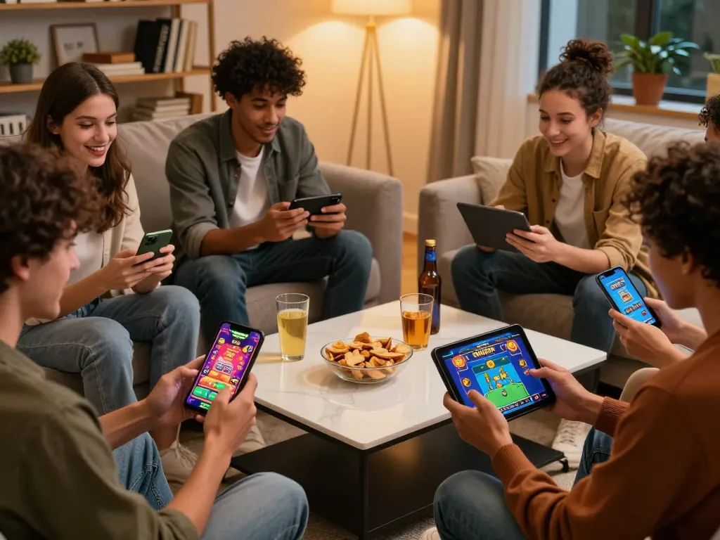 Adegan yang menarik dari teman-teman bermain game di aplikasi mobile panen178, menunjukkan kegembiraan di sekitar pengaturan rumah.