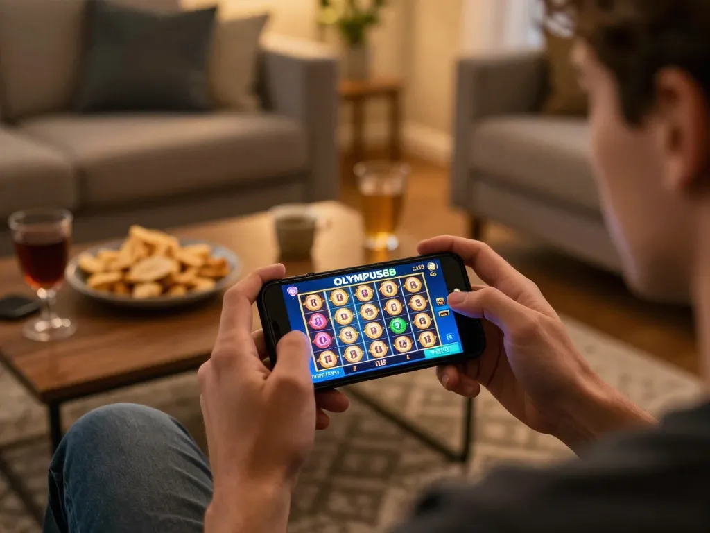 OLYMPUS88 mobile gaming excitement with player engaged in slot game action