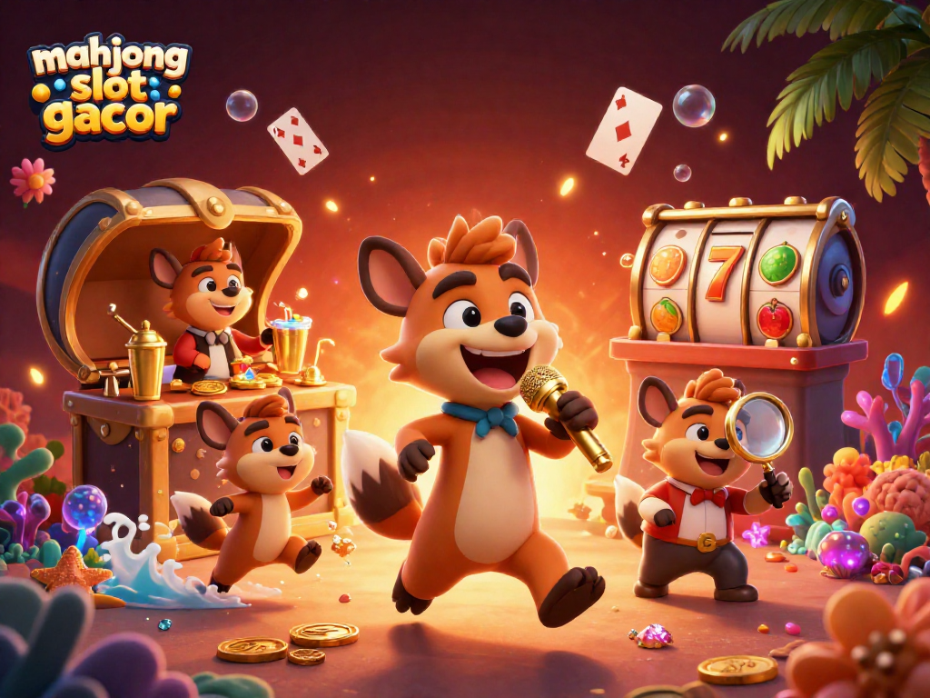 Engage in thrilling action with mahjong slot gacor and vibrant 3D hyenas in a lively casino scene.