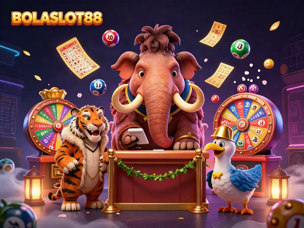 BOLASLOT88 features a lively casino scene with characters enjoying the vibrant gaming atmosphere.