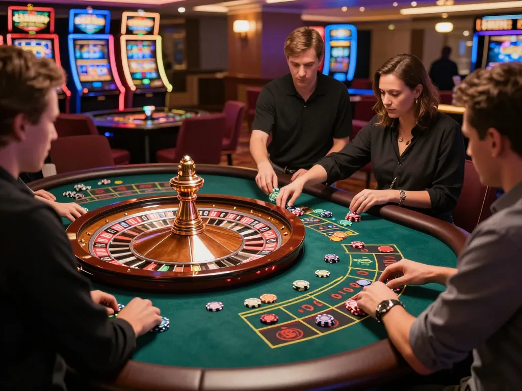Engaged players at the 98win club placing bets on a vibrant roulette table, showcasing thrilling casino action.