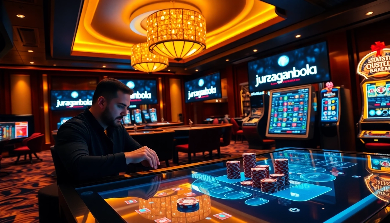 Expert managing bets on juraganbola’s high-tech online casino table with poker chips and roulette