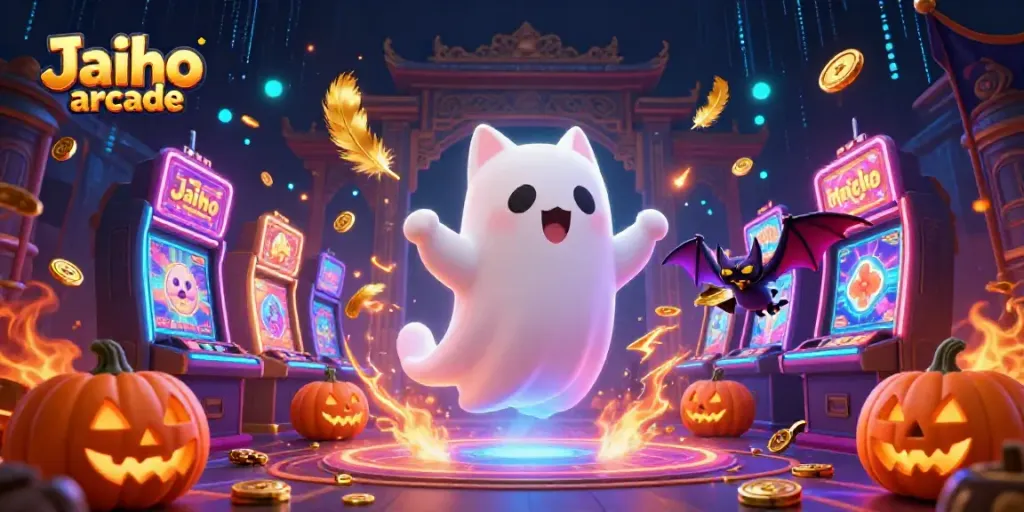 Experience the vibrant thrill of Jaiho arcade with a ghost cat and vampire bat amidst glowing slot machines and rich gambling elements.