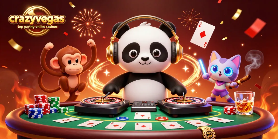 Experience excitement at crazyvegas top paying online casinos with vibrant 3D characters, poker elements, and festive visuals.