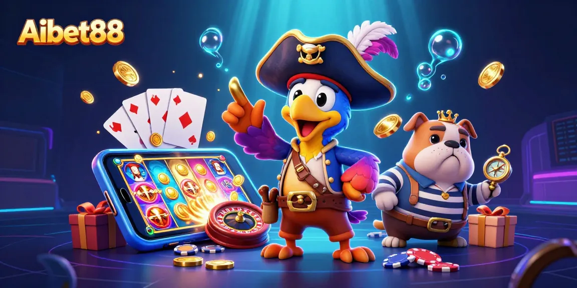 Aibet88 showcases thrilling action in this illustrated casino scene with pirate characters enjoying slot games.