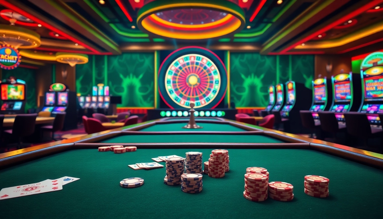 Experience the thrill of gambling at https://f8bet.me.uk/ with a luxurious casino scene showcasing poker tables.