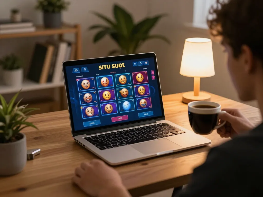 situs slot online gameplay on a modern laptop in a cozy home setup with warm lighting and engaging atmosphere