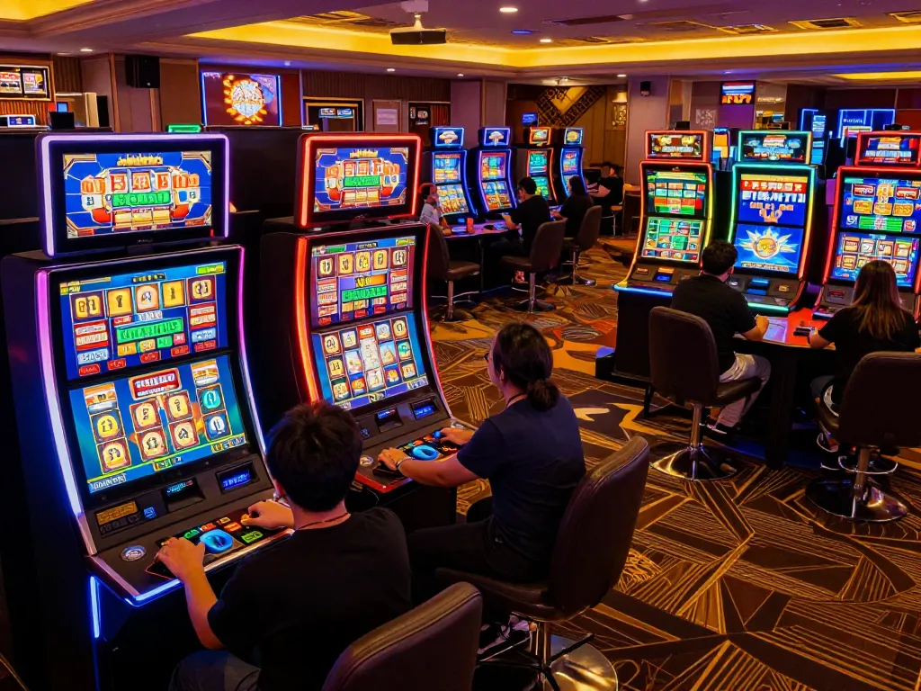 Seorang pemain menikmati pengalaman mesin slot yang penuh warna sambil mencari peluang aman788 slot gacor.