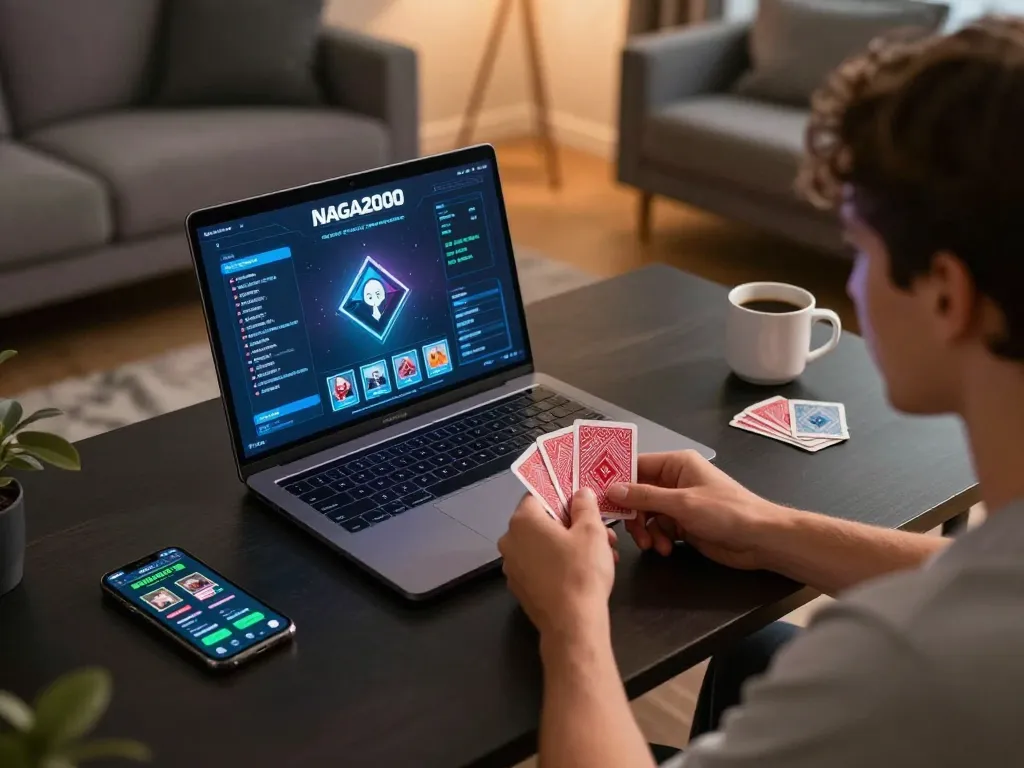 NAGA2000 player focused on online gaming with laptop and strategic betting setup in a cozy living room.