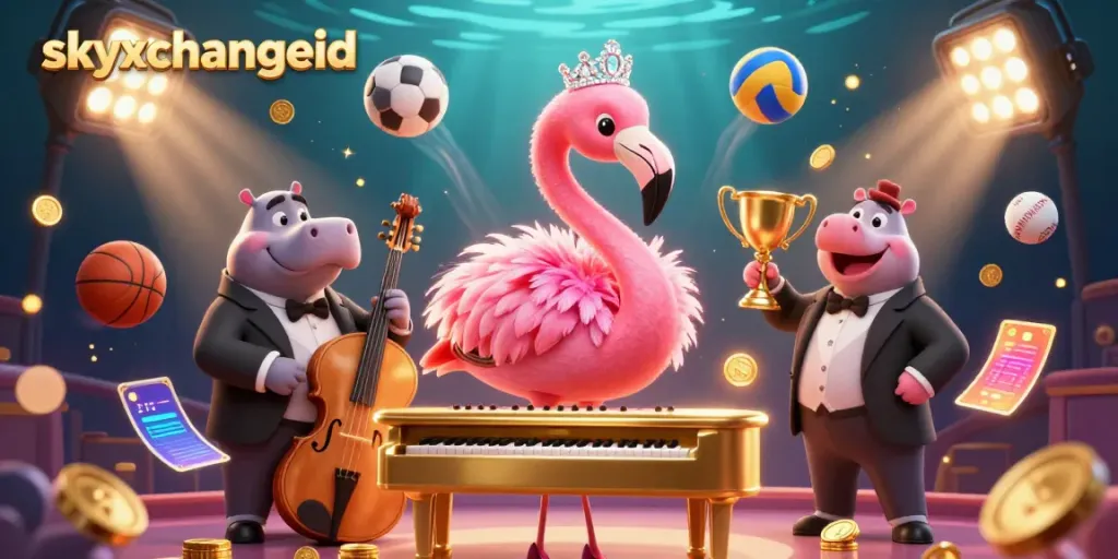 Engage with skyxchangeid sports betting action, featuring an energetic scene of a flamingo singer and a hippo bassist.