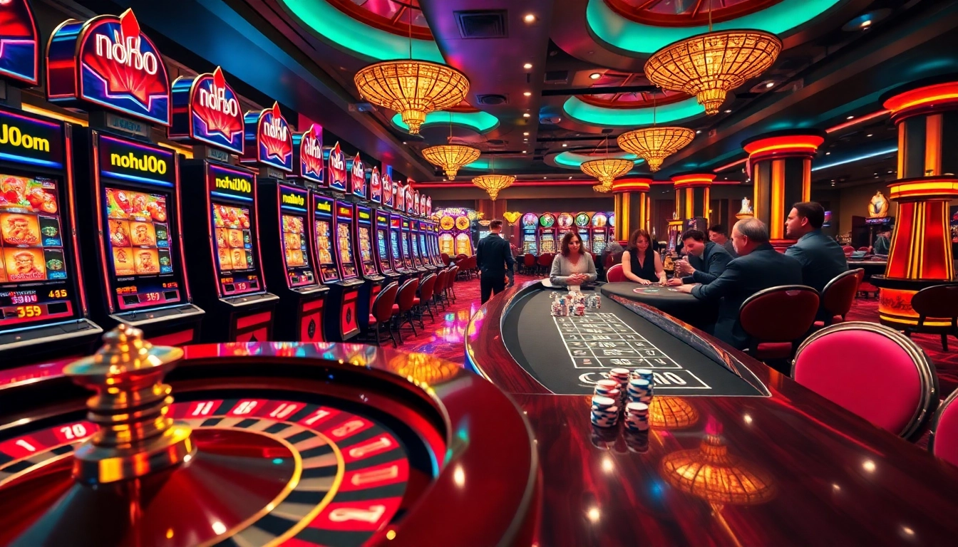 Experience the thrill of winning at nohu90 com with vibrant casino visuals featuring slot machines and poker tables.