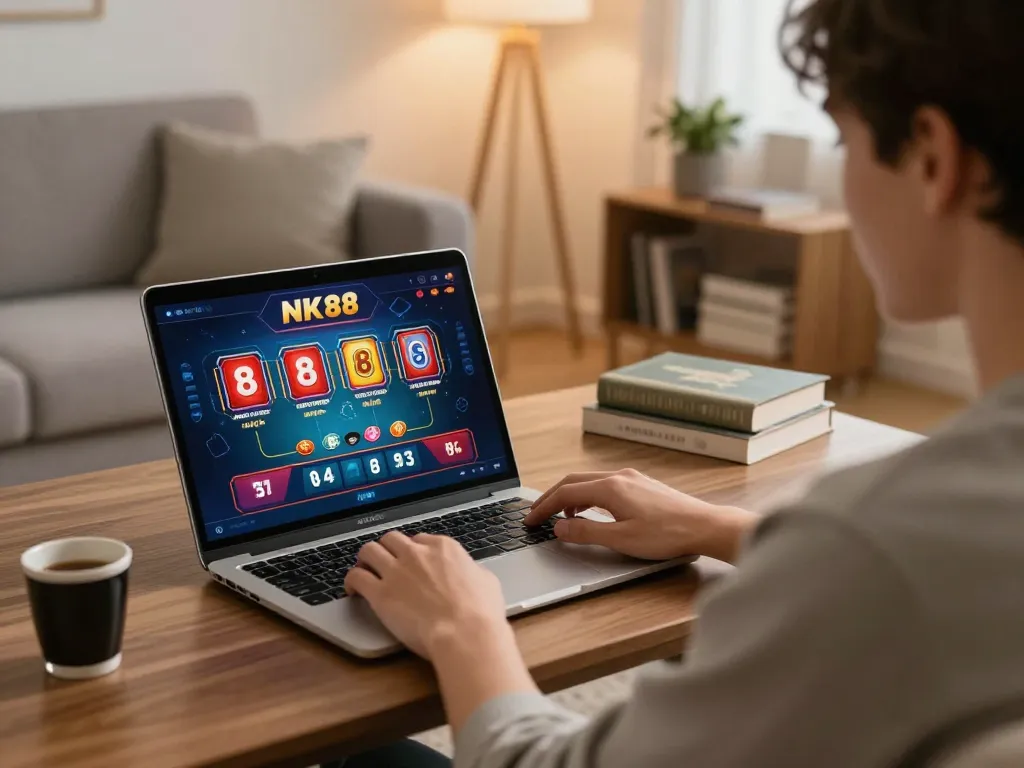 Engaged player using NK88 online casino app on laptop in a cozy home setting