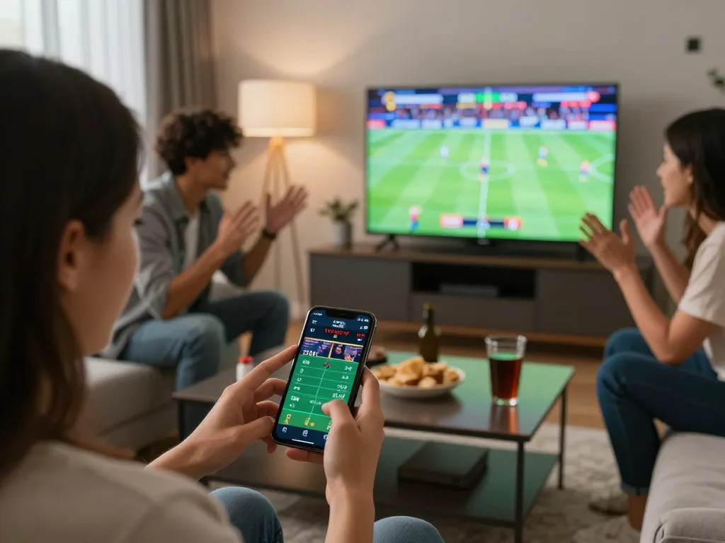 Friends enjoying a fun betting experience on the kebet plataforma app while watching live sports at home.