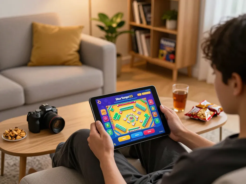 Situs Tempo123 user engaging with online Mahjong Ways game on tablet in comfortable home setup