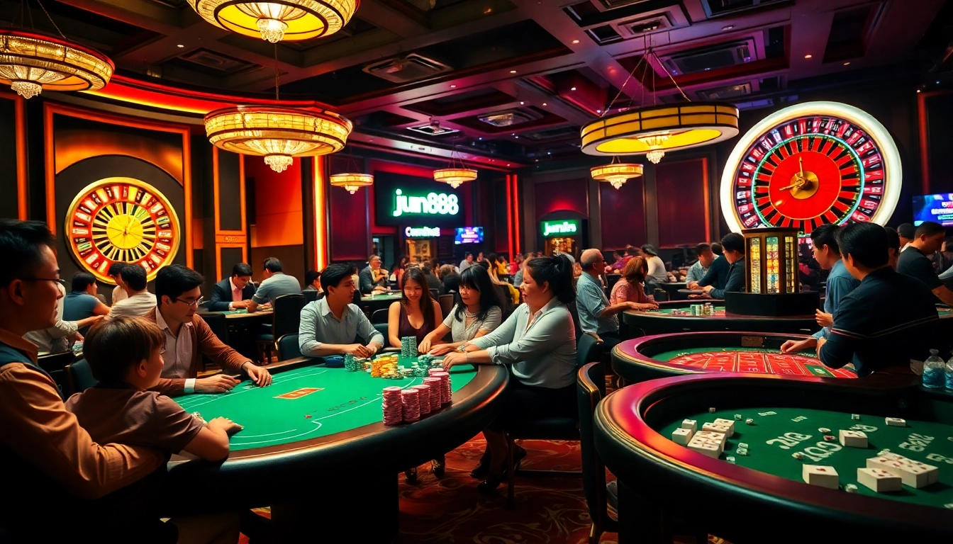Players engaged in intense gambling action at jun888's vibrant casino tables filled with chips and roulette in the backdrop.