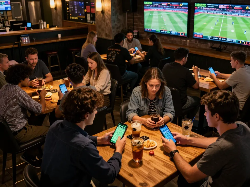 Patrons placing live sports bets on the SC88 app while engaging in lively discussion during a game.