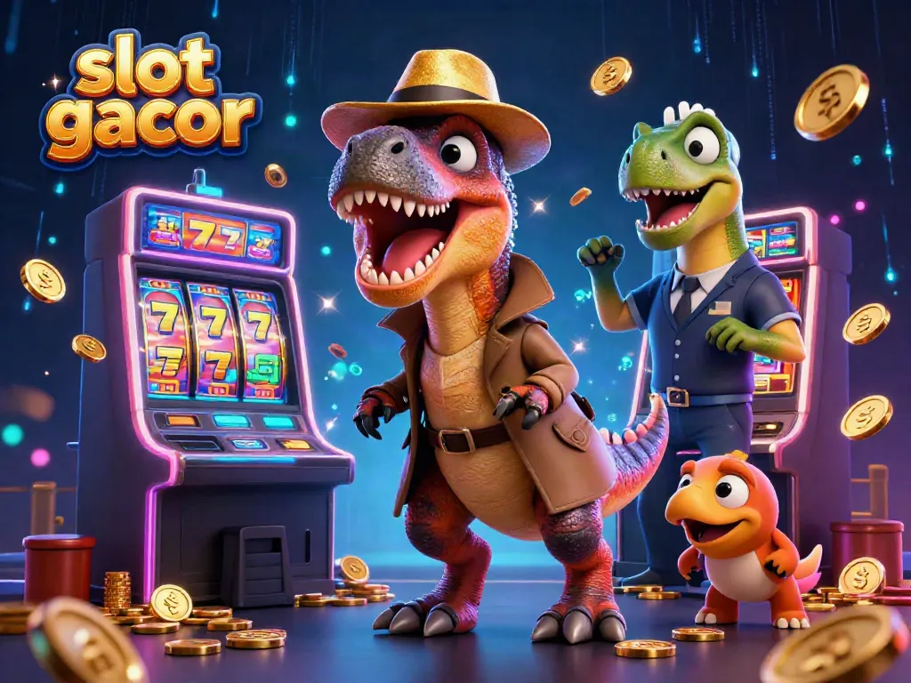 Melihat slot gacor, velociraptor kartun mengoperasikan mesin slot dengan stegosaurus sebagai pit boss dan compy mencuri koin.