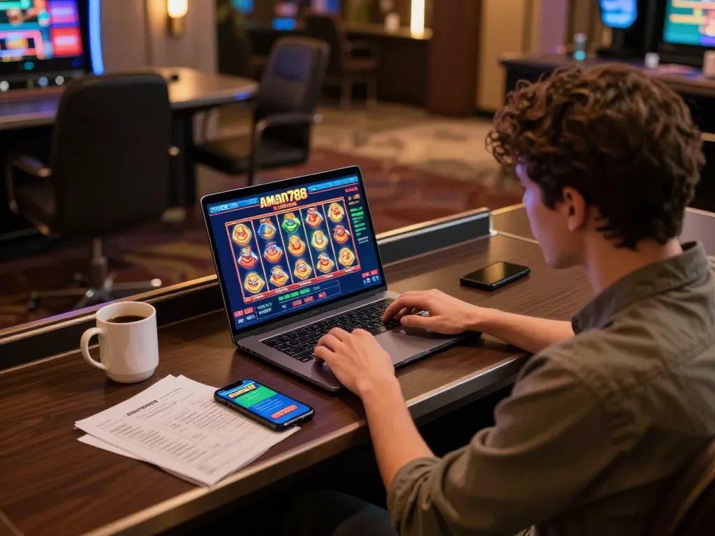 Seorang yang berinteraksi dengan aman788 slot gacor di laptop, menunjukkan kegembiraan kasino online dalam suasana rumah yang nyaman.