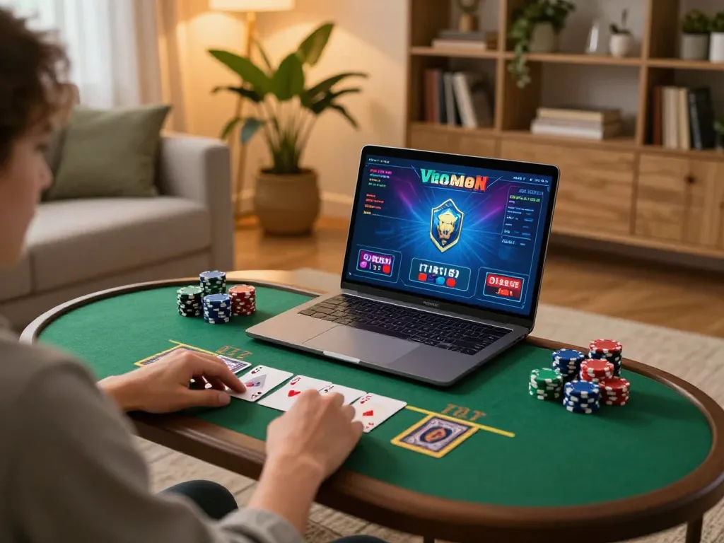 A player engaging with non Gamstop online blackjack on a laptop in a cozy home setting.