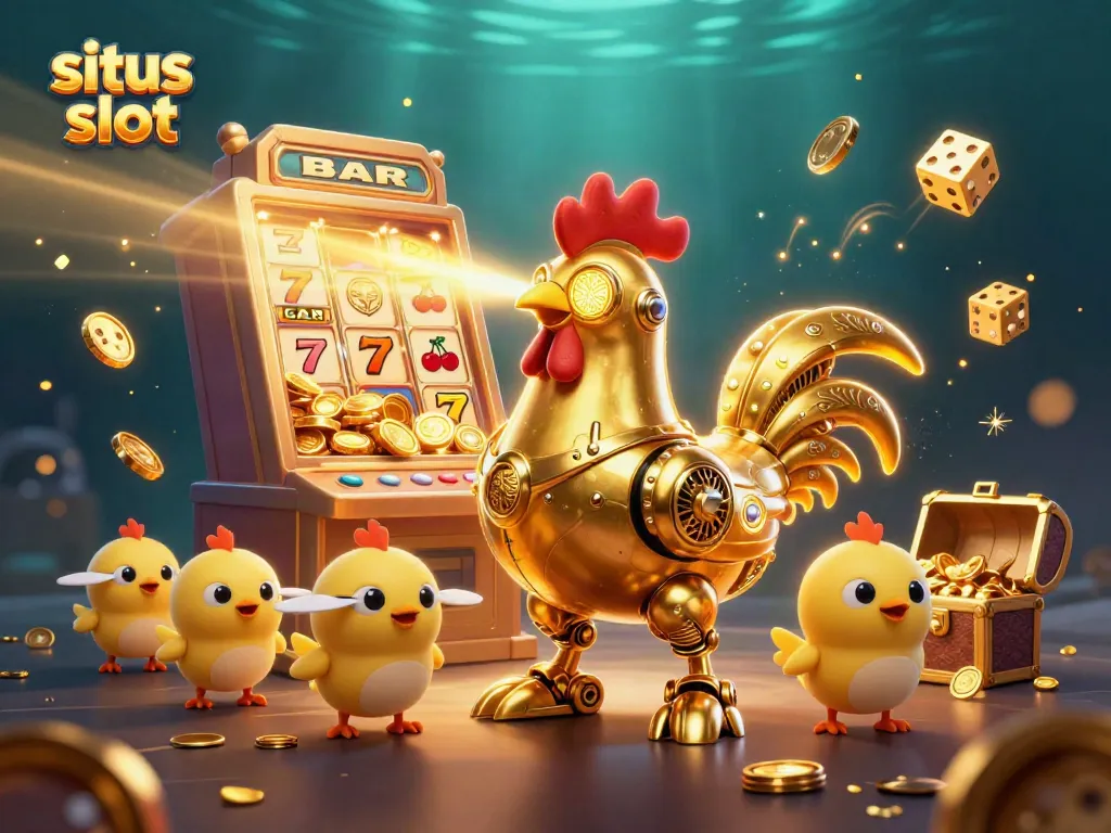Situs slot enticing players with a dynamic golden rooster robot and baby chick drones surrounded by jackpot rewards and slot game elements.