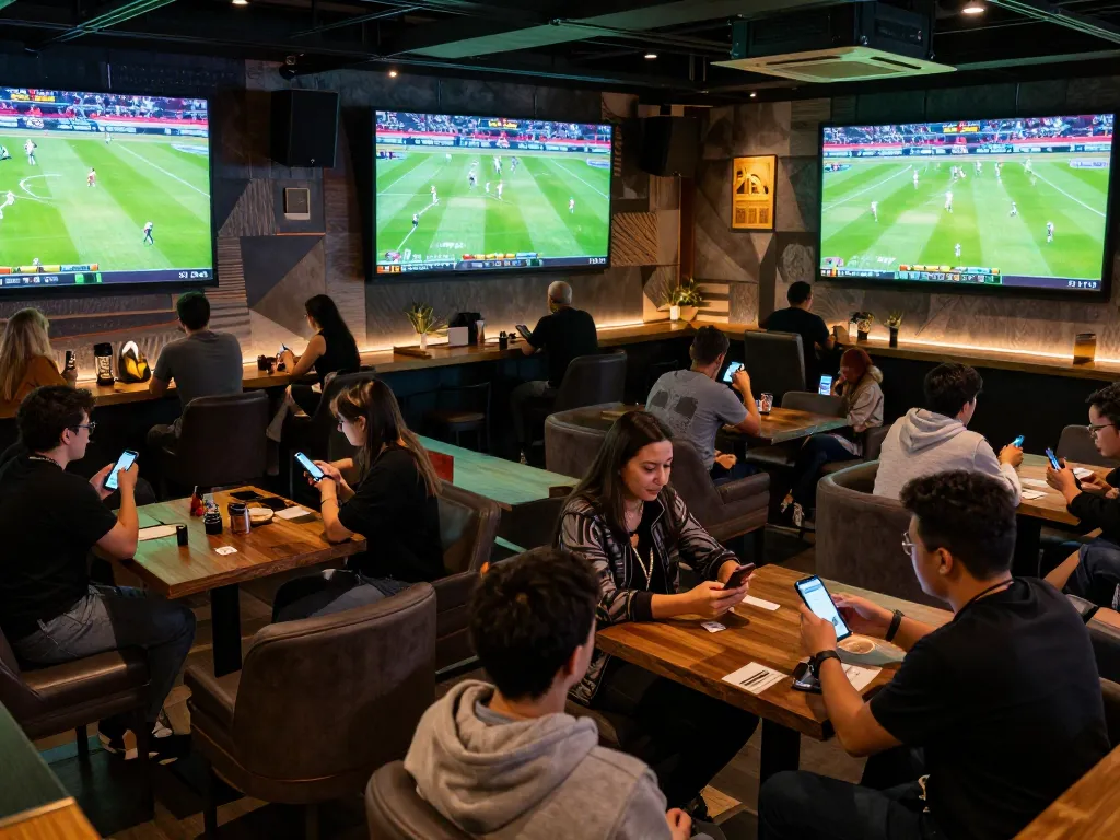 Kèo nhà cái hôm nay highlighted as sports fans excitedly place bets, watching matches live in a modern bar.
