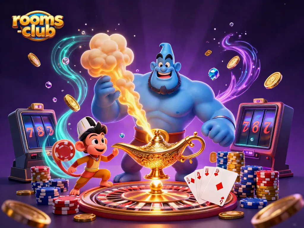 Blackjack dan poker di platform rooms-club dengan permainan interaktif dan karakter genie menarik.