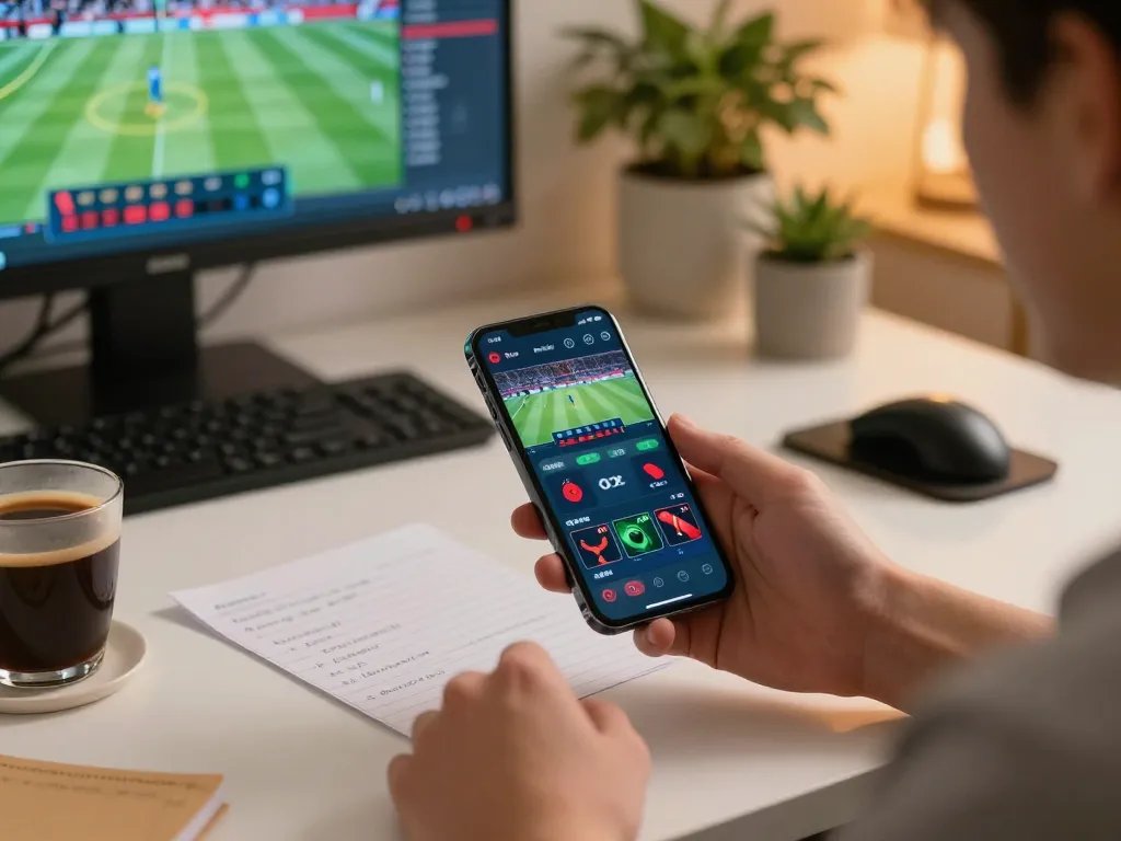 Betting with fun88 app on smartphone showcasing sports odds, in a cozy gaming setup.