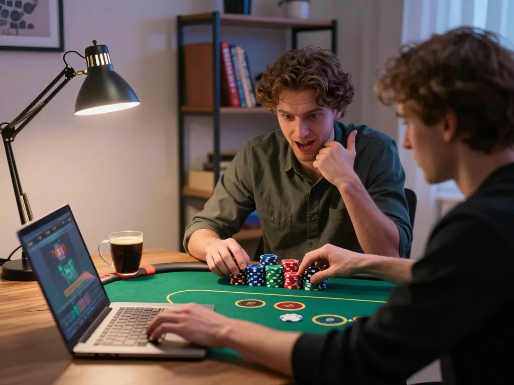 Play poker online at Canadian online casinos from a cozy home office setup with engaging atmosphere.