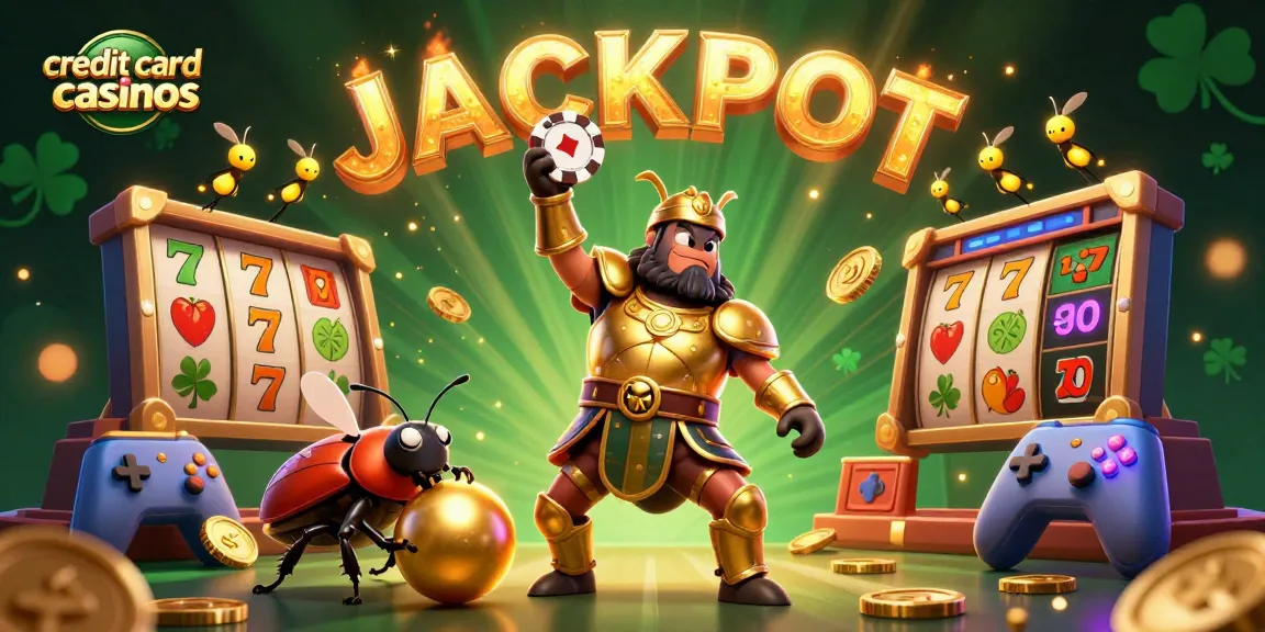 Experience thrilling gameplay at credit card casinos with a 3D beetle championing jackpot wins in a vibrant scene.