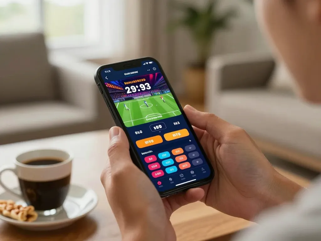 Engage in sports betting with ทางเข้า m109 on mobile device in a cozy home setting.