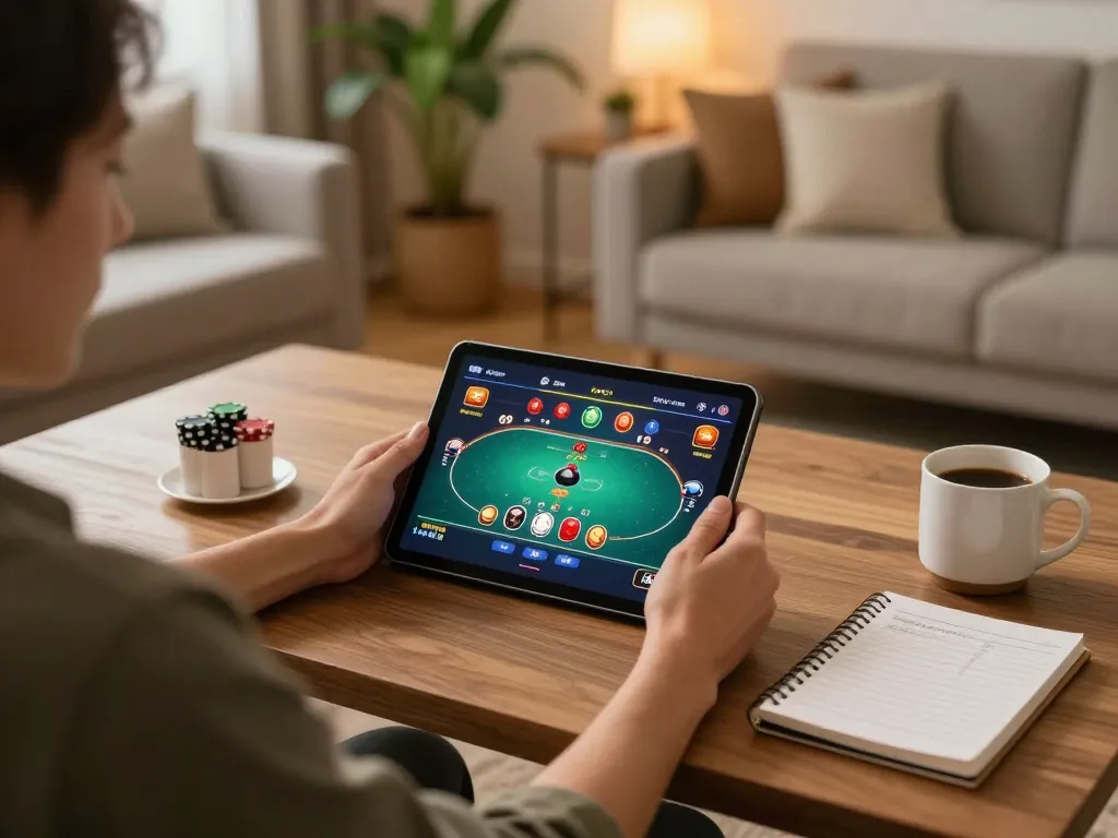 Player strategizing in Nhà cái KONG88 online casino using tablet during a cozy evening