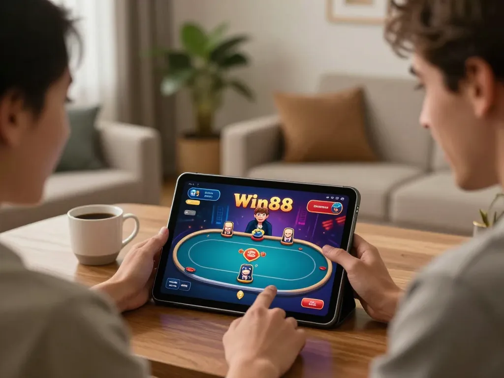 Win88 player engaging with online poker game interface in a cozy home setting