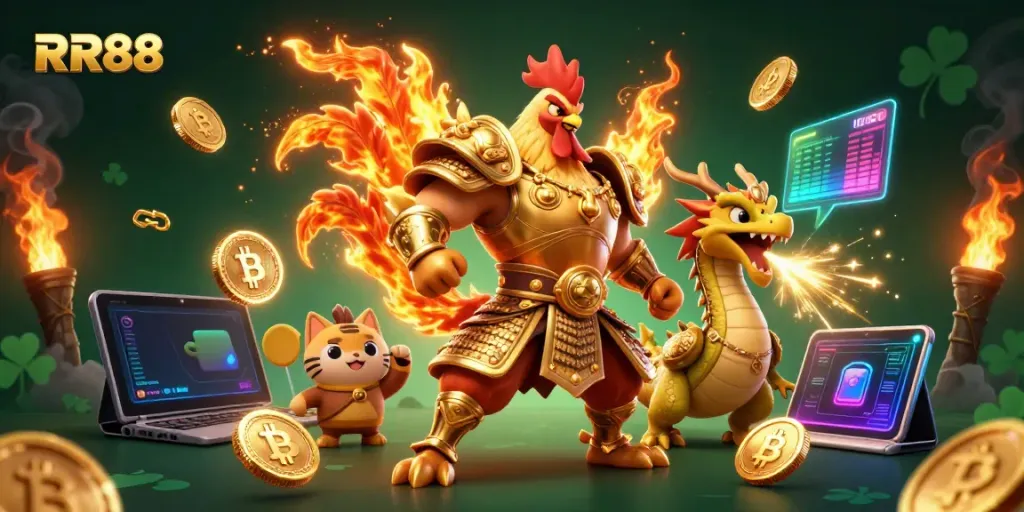 Experience thrilling gaming with RR88 featuring a powerful fighting rooster and dragon in an intense casino atmosphere.