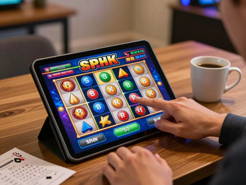 Player engaging with slot88 on tablet, showcasing immersive online gambling experience in a cozy home.