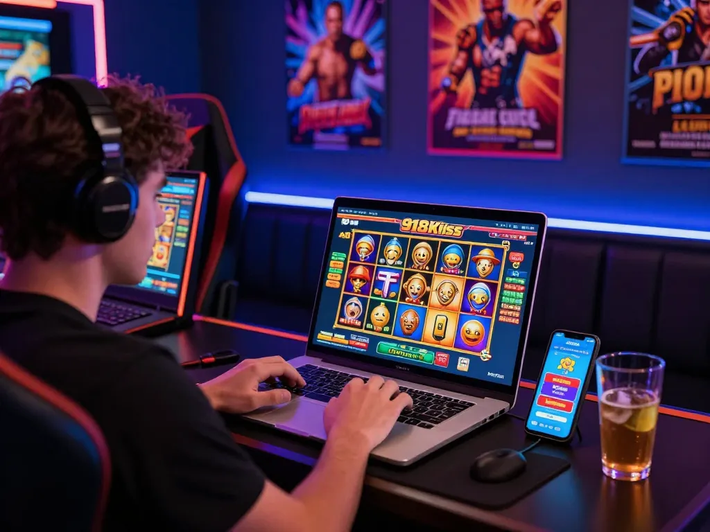 Player enjoying free credit 918kiss in a modern online casino setup with vibrant game graphics.