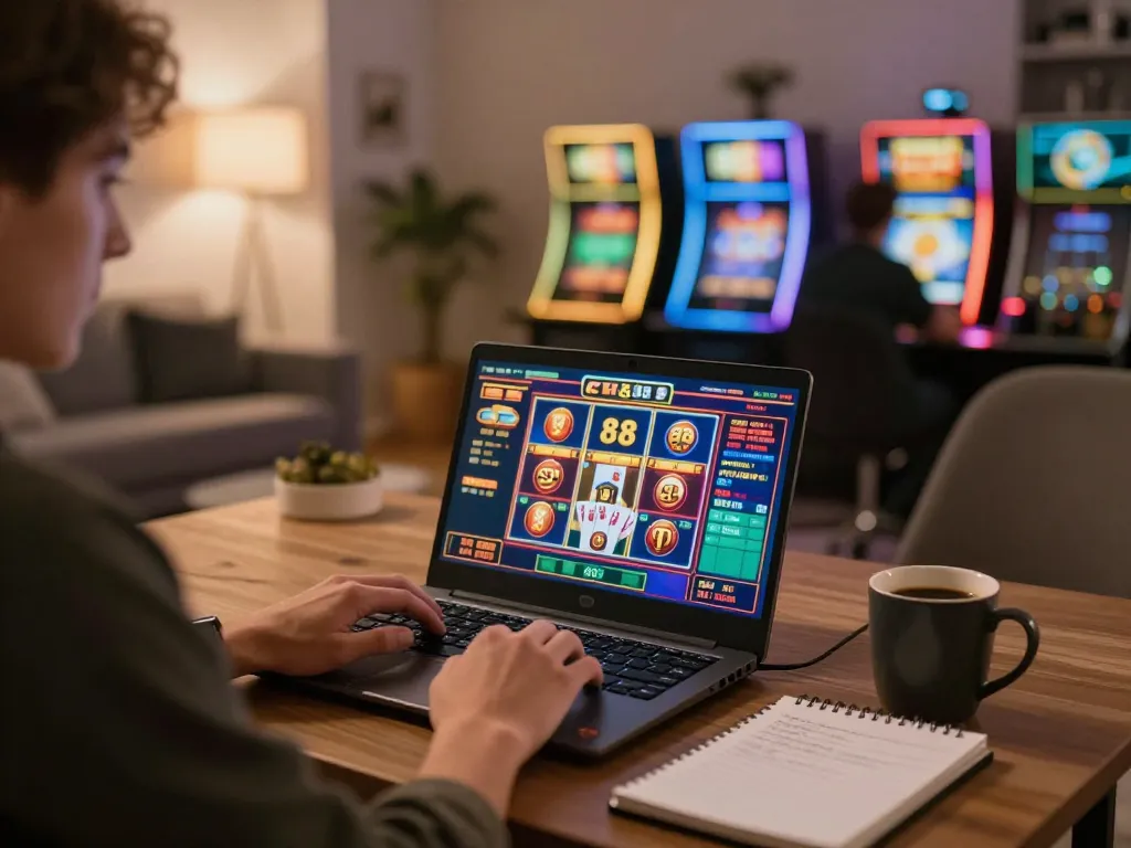 Player enjoying cm 88 online casino gaming session on a laptop in a cozy home setting
