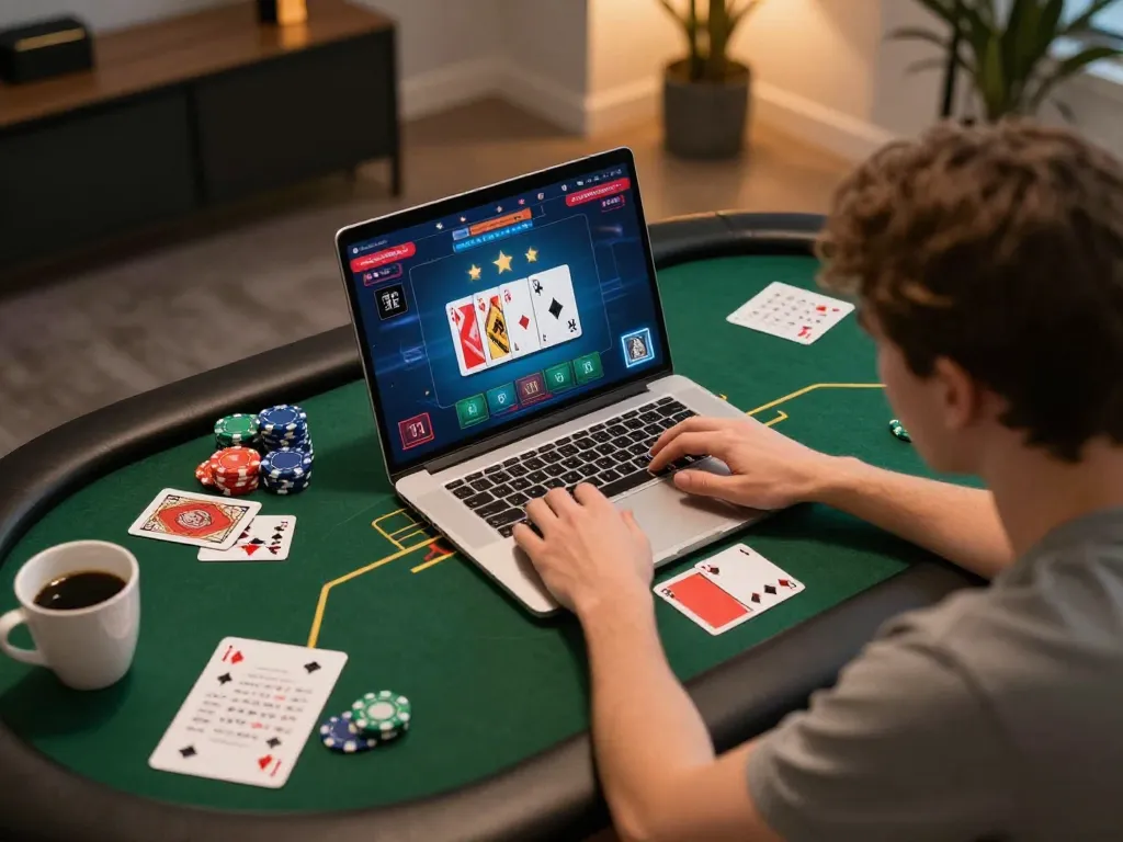 Engaging in king33 online gambling with poker game interface visible on laptop and betting notes.