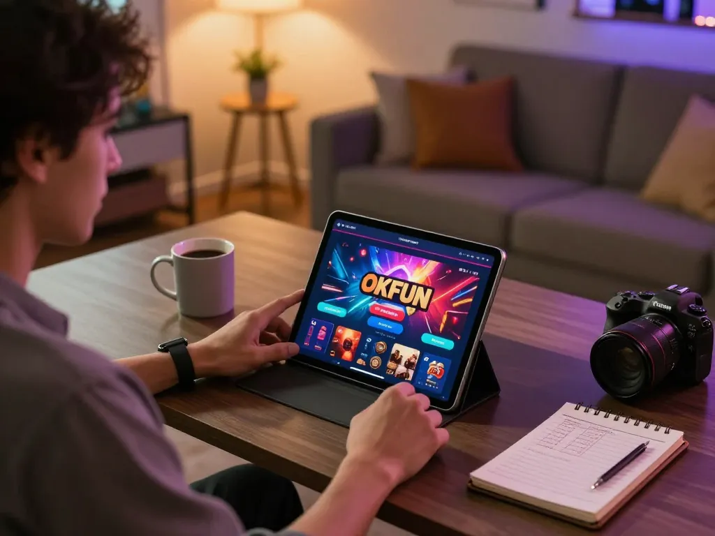 Engaging in OKFUN casino app on a tablet at a cozy online gaming setup, showcasing dynamic gameplay.