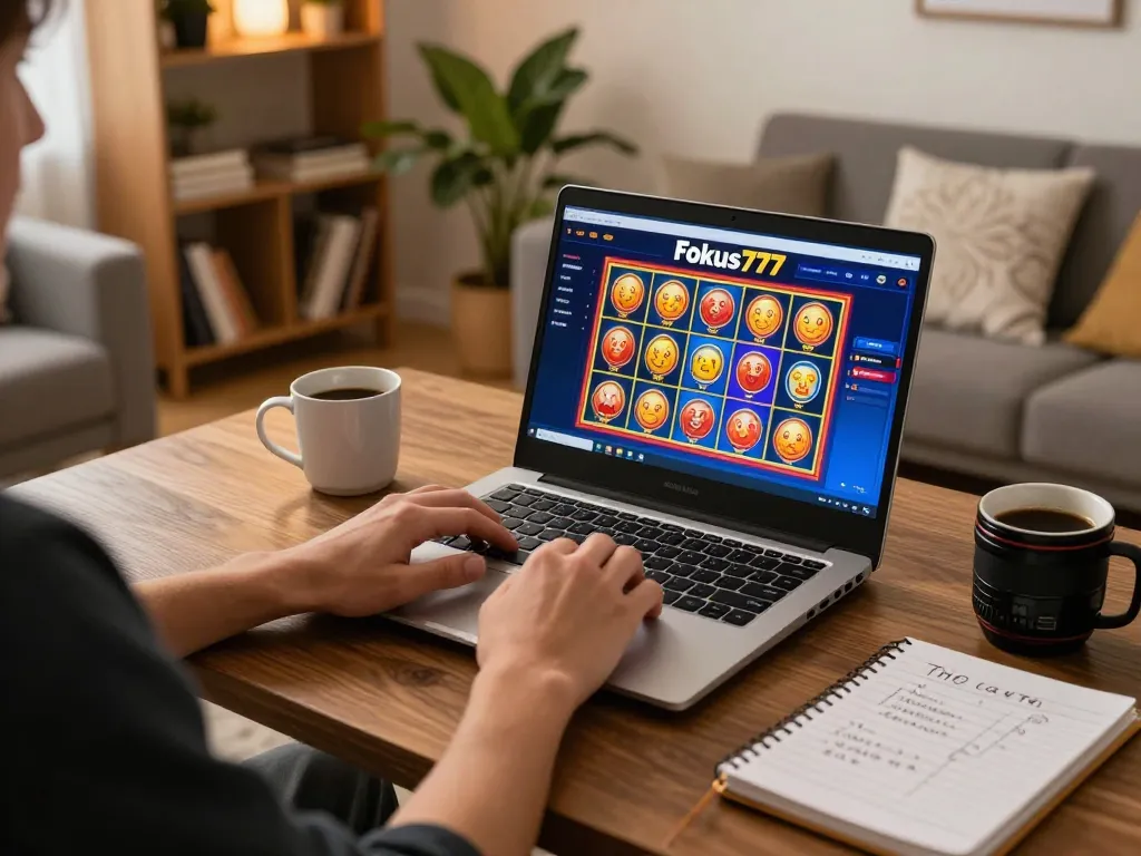 Engaging online gaming session at Fokus777 casino with vibrant slot games visible on laptop.