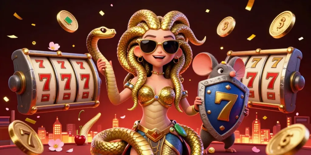 Menggoda pemain dengan permainan slot di raijamulia77, ilustrasi Medusa ceria beraksi di kasino.