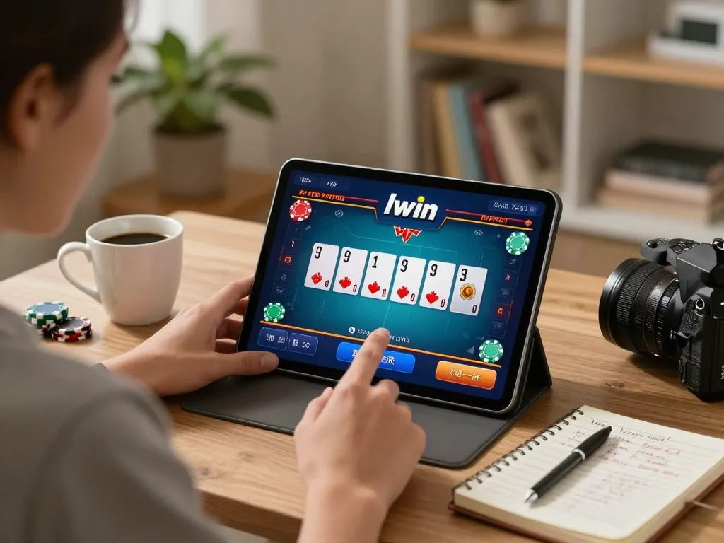 Person playing poker on Iwin site from cozy home, enjoying strategic online gaming atmosphere.