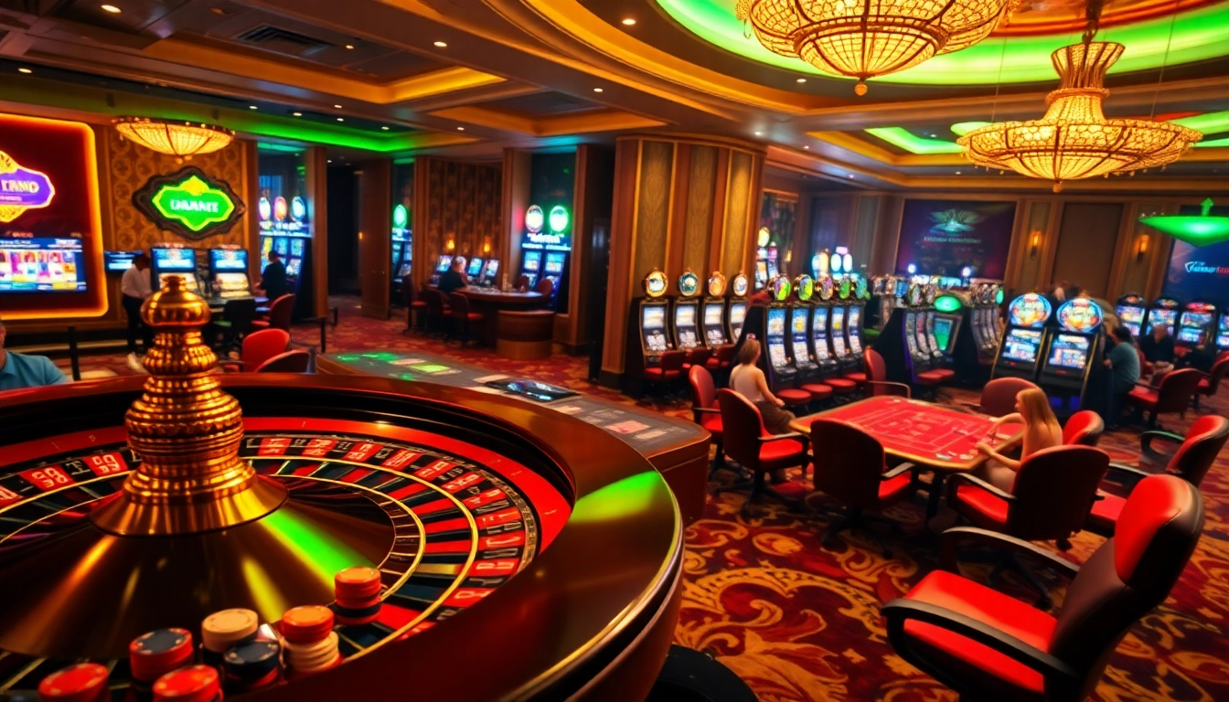 Players engaging in thrilling games at FB68 casino with vibrant slot machines and roulette tables.