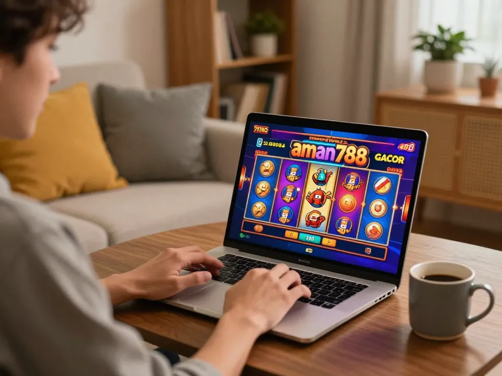 A person enjoying aman788 slot gacor gaming session on a laptop in a cozy home setting.
