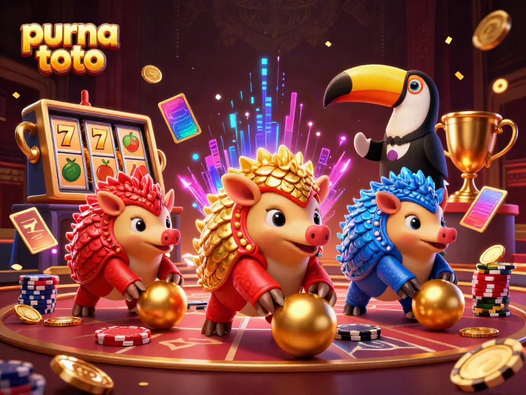 Purna toto menghadirkan slot gacor dengan pangolin kartun yang bersaing dalam suasana kasino yang meriah.