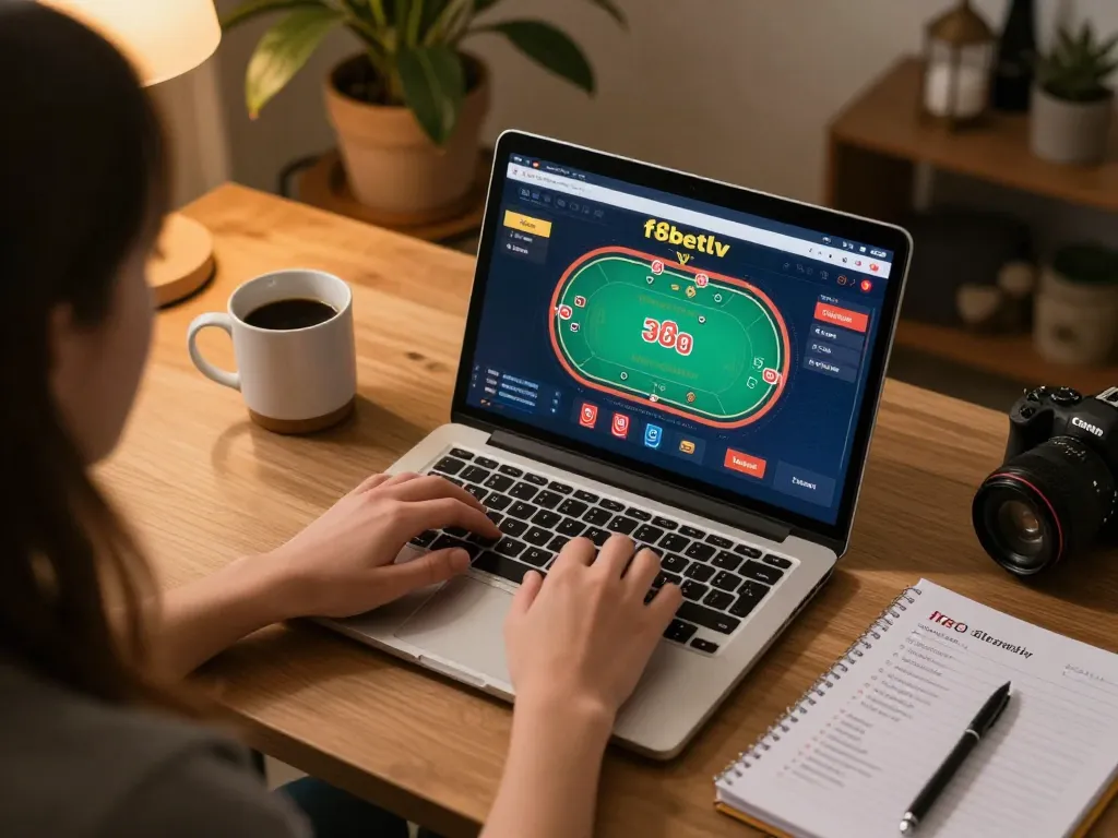 Playing poker on f8betlv platform from a cozy home office, highlighting strategy notes and interface