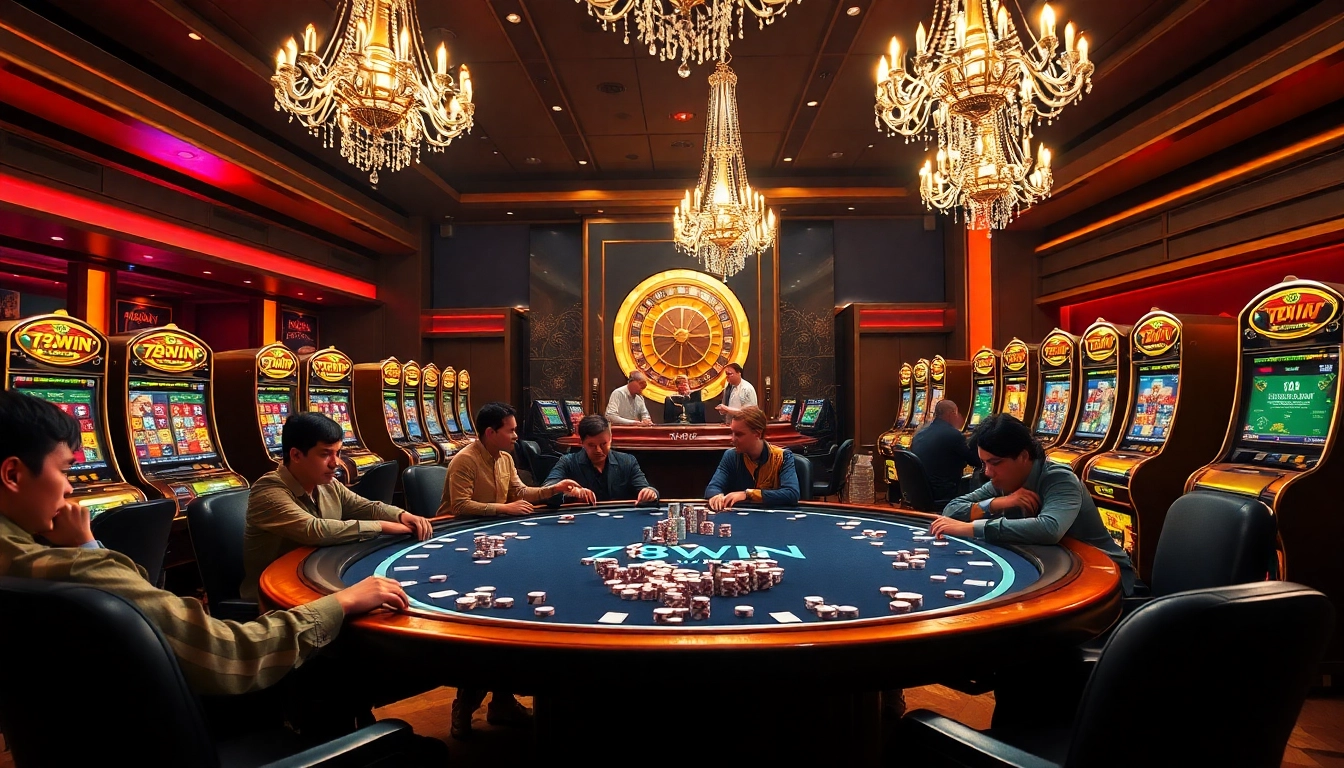 Experience the thrill of 78WIN gaming at an elegant casino setting with poker tables and slot machines.