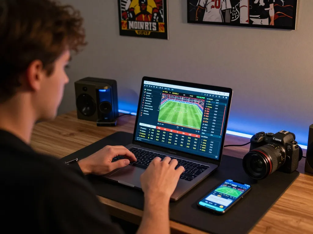 Engaged user placing bets at nhà cái 8xbet through a laptop during a thrilling sports event