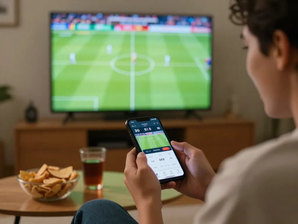 NET88 sports betting enthusiast placing bets on a smartphone during a live football match at home