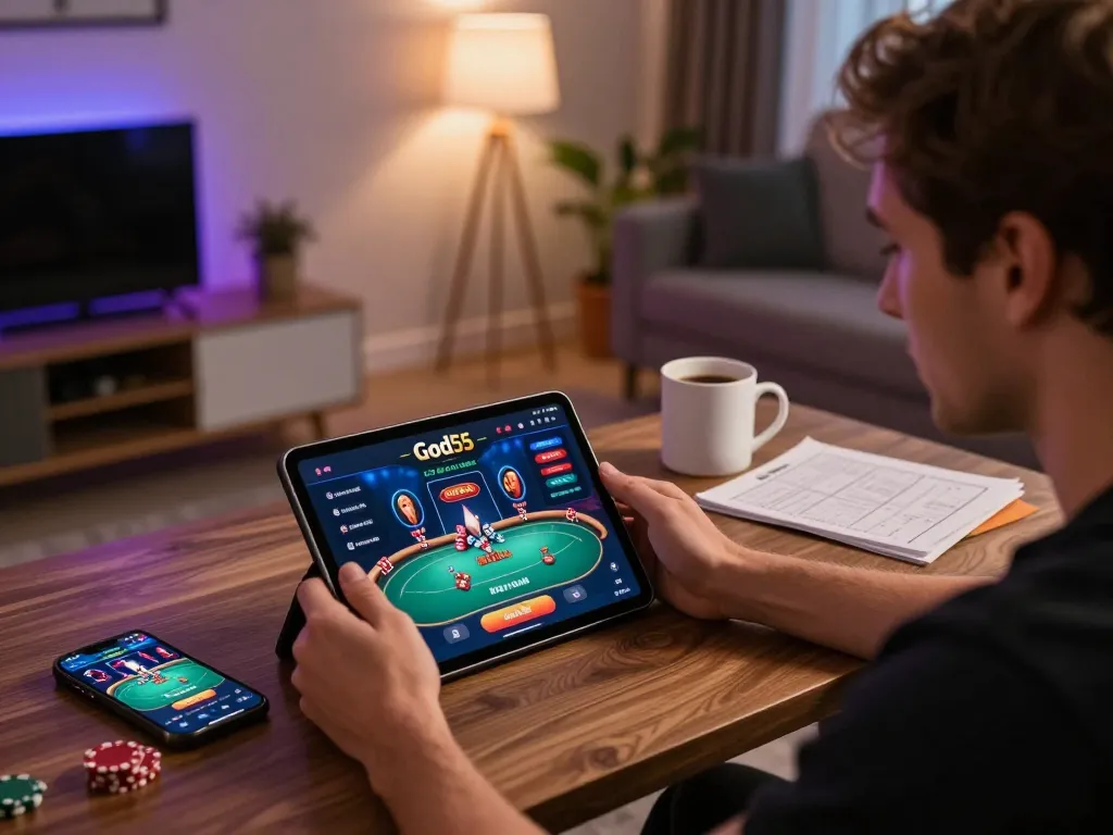 Engaged player using the God55 app for live casino action in a stylish home setting